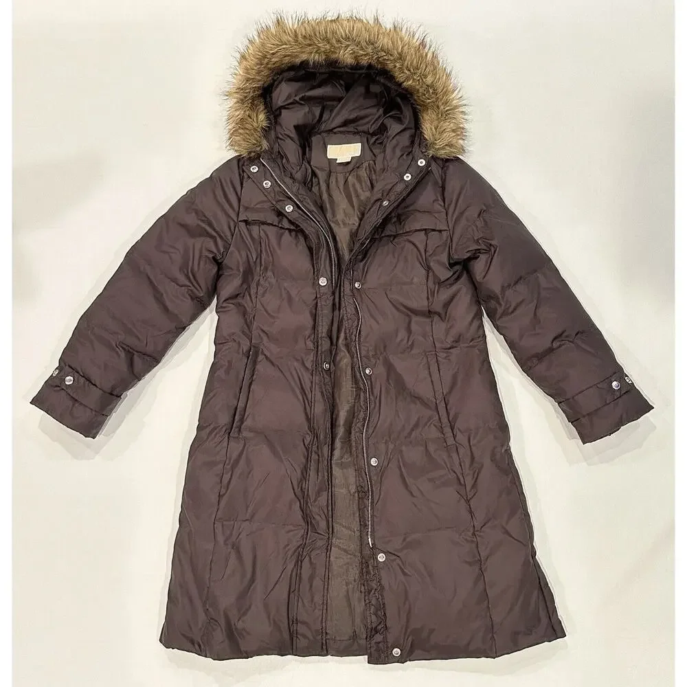 Michael Kors Women’s M Down Puffer Parka Winter Coat Hood With Fur Trim Brown - Picture 8 of 16
